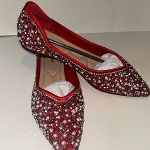 Red Crystal Embellished Flats Velvet Loafers